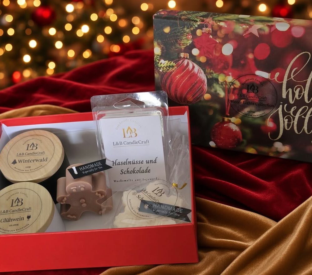 Christmas Box von L&B CandleCraft mit Glühwein- und Winterwald-Duftkerze, Lebkuchenmann, Schokolade-Haselnuss Wax Melts und Schneeflocke aus Sojawachs